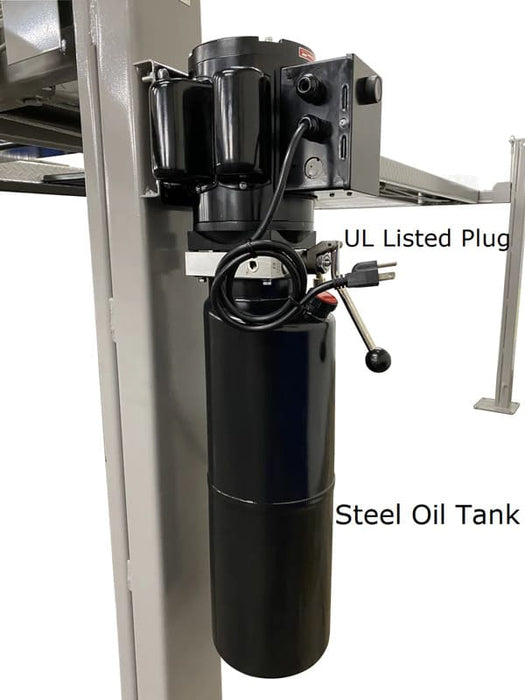 Triumph NSS-8 four post automotive lift showing the steel oil tank positioned beneath the runway