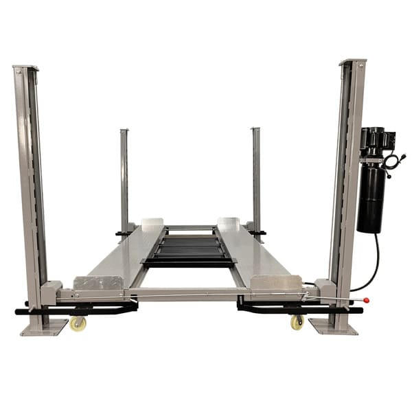Triumph NSS-8 four post automotive lift unit with caster kit and jack tray attached, ready for use


