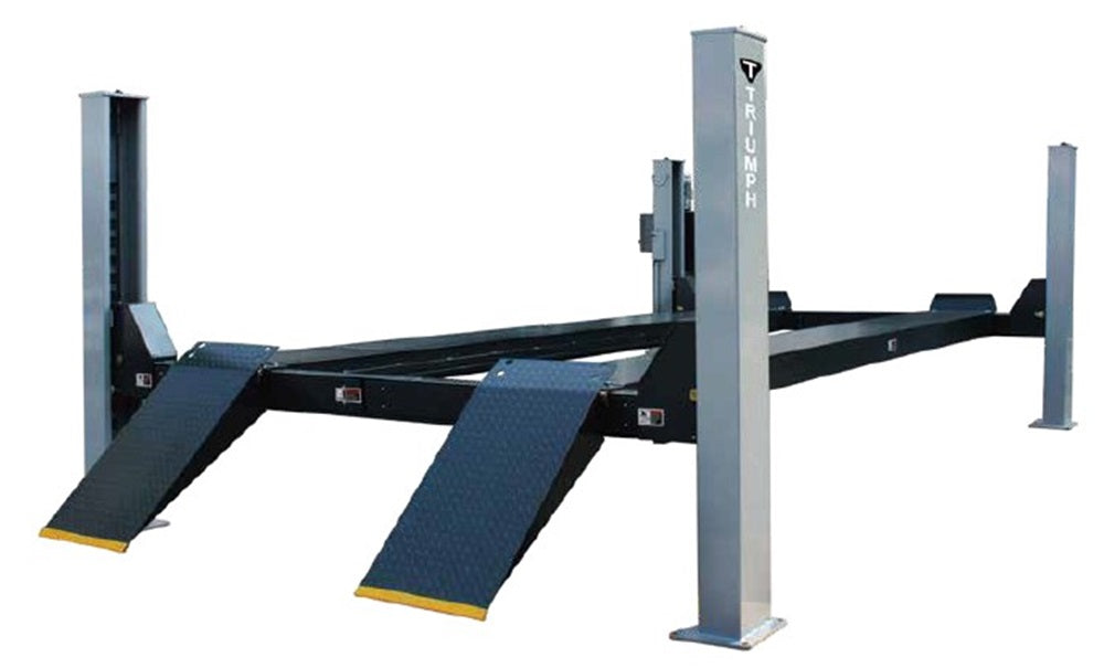 Triumph NTR-16 four post car lift with 16,000 lb capacity, heavy-duty design for trucks, SUVs, and commercial vehicle service