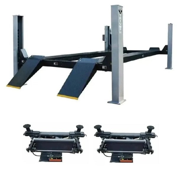Triumph NTR-16 four post lift combo package including two RJ-9 rolling bridge jacks for wheel and undercarriage service.