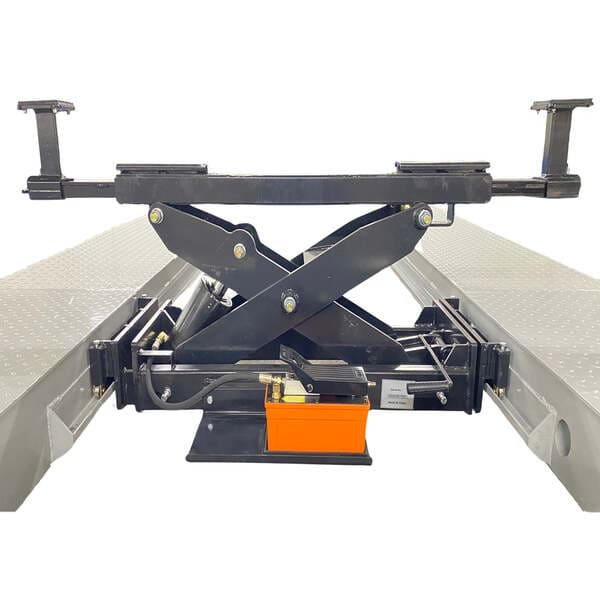 Hydraulic rolling jack platform attachment on Triumph NTR-24 four post auto lift for wheel service.