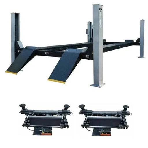 Triumph NTR-24 four post lift combo with two RJ-15 rolling bridge jacks, designed for heavy trucks and fleet service.