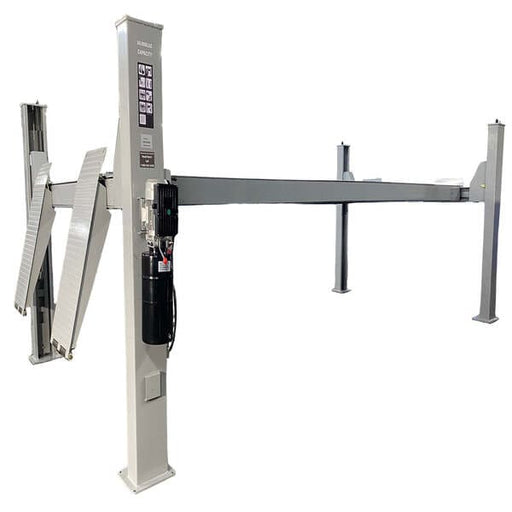 Side view of Triumph NTR-32 four post auto lift with 32,000 lbs lifting capacity and hydraulic motor.