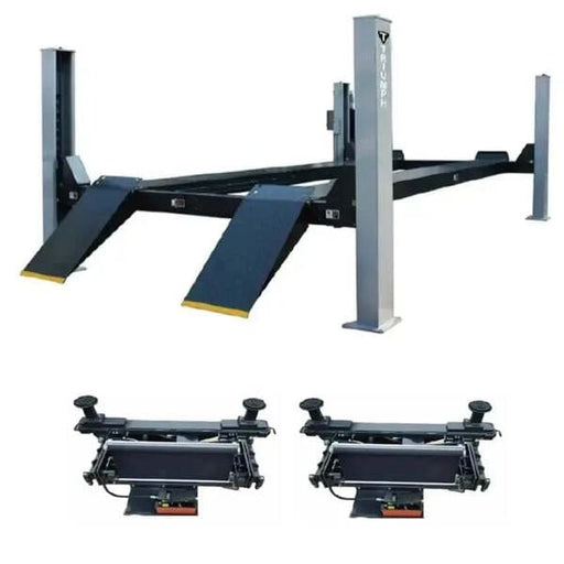 Triumph NTR-32 four post lift combo with two RJ-15 rolling bridge jacks, built for heavy trucks, buses, and fleet service.