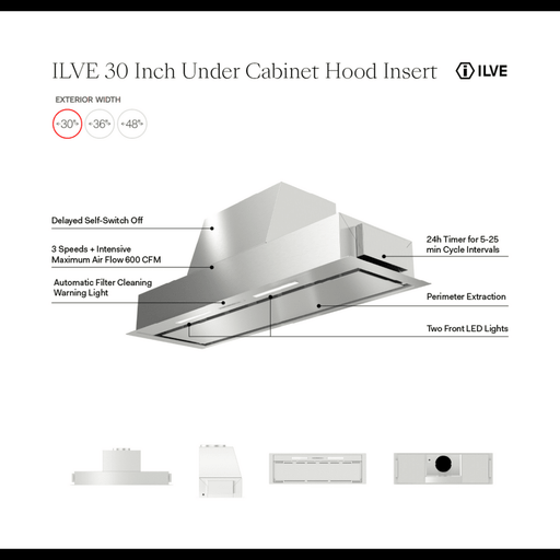 ILVE 30" Undercabinet Built-In Hood Insert, 600 CFM, Stainless Steel