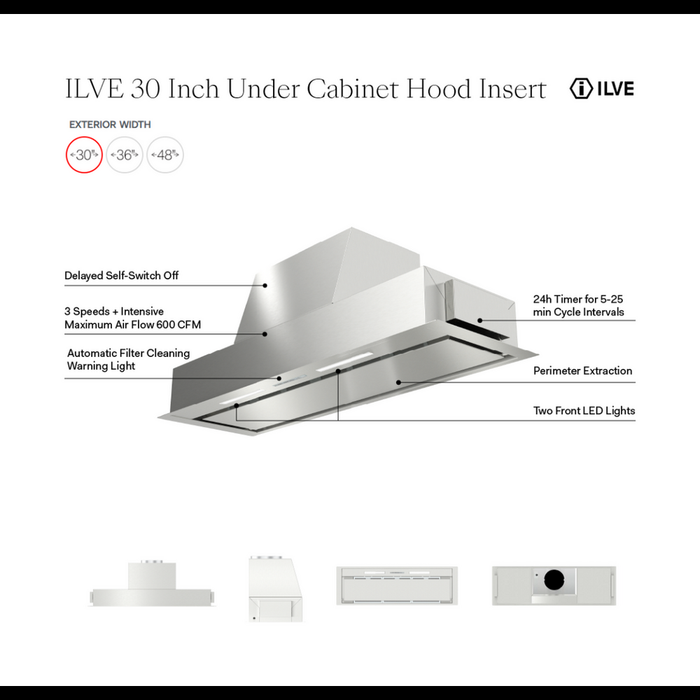 ILVE 30" Undercabinet Built-In Hood Insert, 600 CFM, Stainless Steel