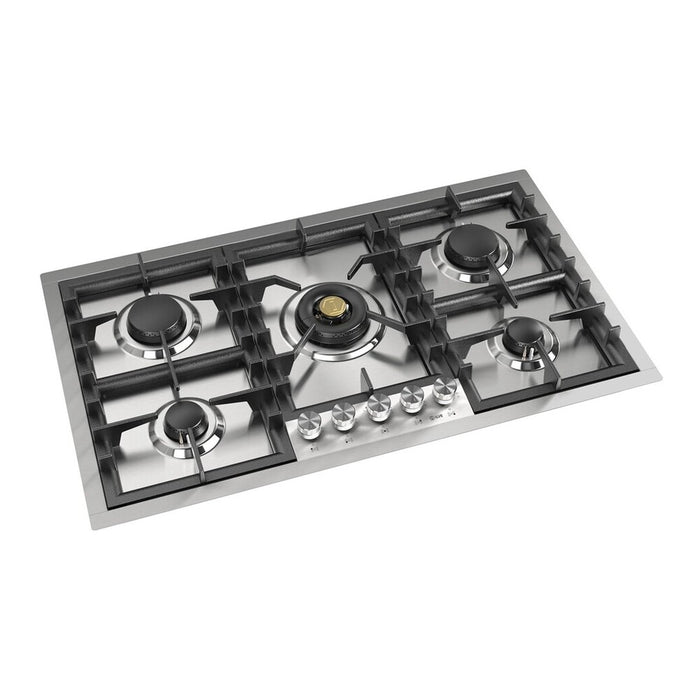 ILVE Professional Plus II 36" Built-In Gas Cooktop with 5 Total Black Brass Burners, Stainless Steel (UHCPT95SS)