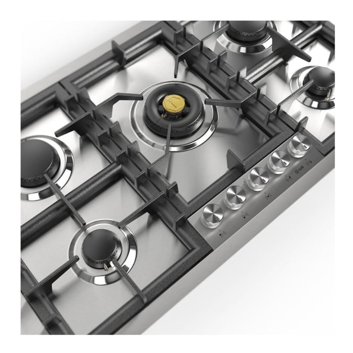 ILVE Professional Plus II 36" Built-In Gas Cooktop with 5 Total Black Brass Burners, Stainless Steel (UHCPT95SS)