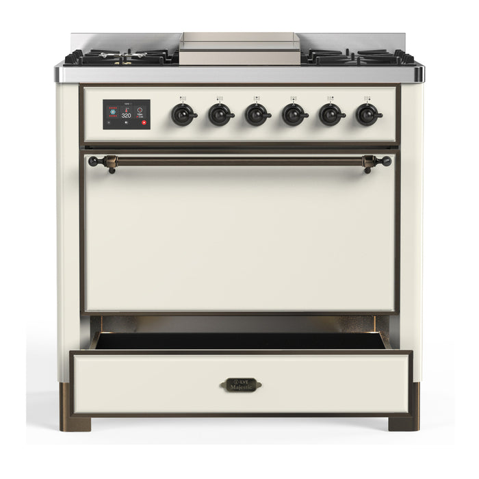 ILVE Majestic III 36" Dual Fuel Range – 6 Burners + Griddle, Solid Door(UM36FQNR3)