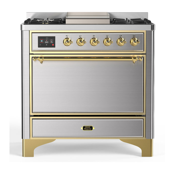ILVE Majestic III 36" Dual Fuel Range – 6 Burners + Griddle, Solid Door(UM36FQNR3)