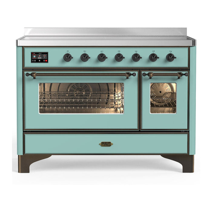 ILVE Majestic III 48-inch induction range in Mediterranean Mint with burnished trim, front view
