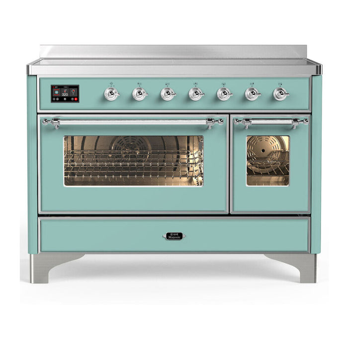 ILVE Majestic III 48-inch induction range in Mediterranean Mint with chrome trim, front view