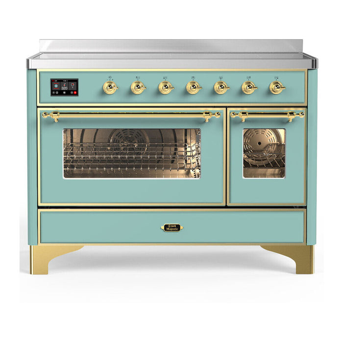 ILVE Majestic III 48-inch induction range in Mediterranean Mint with brass trim, front view