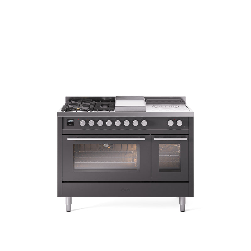 ILVE Professional Plus II 48" Dual Fuel Range with 5 Sealed Burners Griddle French Top Triple Glass Door - UP48FSWMP