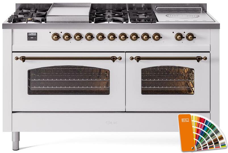 ILVE 60" Nostalgie II Series Freestanding Double Oven Dual Fuel Range with 8 Sealed Burners and Griddle - UP60FSNMP