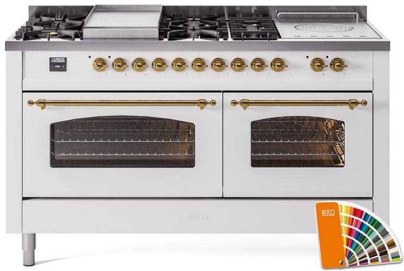 ILVE 60" Nostalgie II Series Freestanding Double Oven Dual Fuel Range with 8 Sealed Burners and Griddle - UP60FSNMP