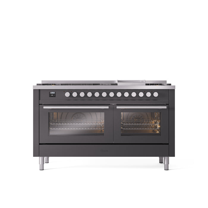 ILVE Professional Plus 60" Dual Fuel Range with 9 Sealed Burners w/Griddle Triple Glass Door - UP60FWMP