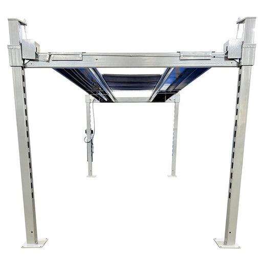 Underside view of NOS10000 automotive parking lift with boxed tracks