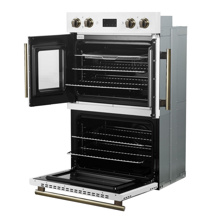 Forno Asti 30-Inch Double Electric Wall Oven with Upper French Doors in White & Antique Brass, 7.36 cu. ft. Dual True Convection, 7,200W, Air Fry, Sous Vide, Self-Clean