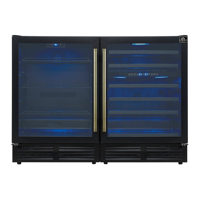 Gemello 48 Inch Side-by-Side Wine and Beverage Cooler in Black with Antique Brass Handles, French Door, 9.6 cu. ft.