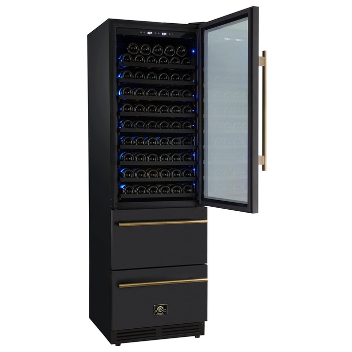Forno Azienda 24 Inch Dual Zone Wine Cooler, 15.8 Cu. Ft., 108 Bottles & 100 Cans, 2 Drawers, Charcoal Filters, Black - FWCDR6628-24BLK