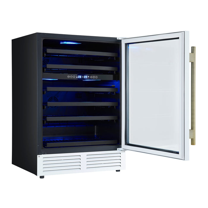 Forno Bacchino 24 Inch Wine Cooler, White with Antique Brass Handles, with LED Lighting, Triple Glass Door, 51 Bottle Capacity, Built-In or Freestanding