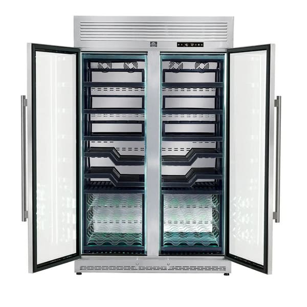 FORNO Abruzzo 48-Inch Dual Zone Wine Cooler with 102 Bottles, 24 Cu. Ft., Green Acrylic Holders & Black Shelves FWCDR6610-48S