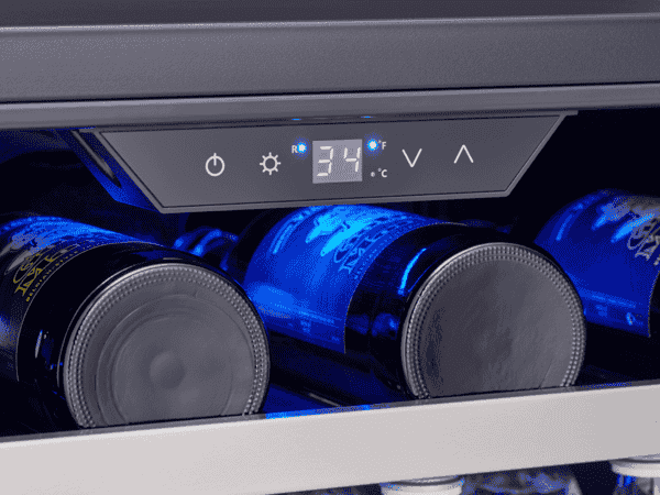  Close-up view of the Zephyr ADA-compliant beverage cooler's digital display and control panel, showing temperature settings and touch controls for easy operation.