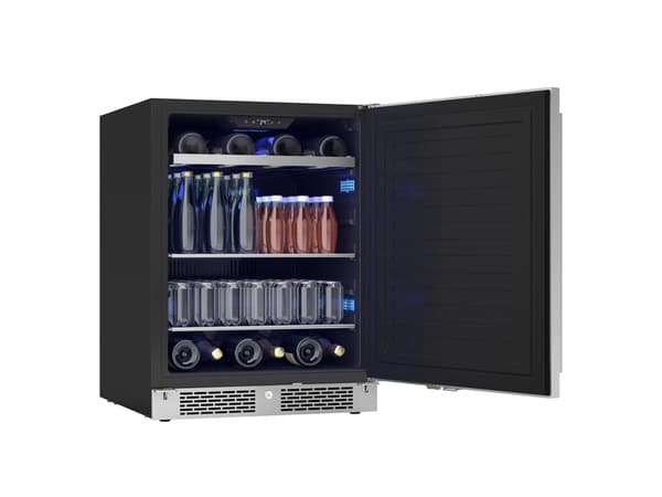 Angled view of the ZEPHYR ADA-compliant beverage cooler with the door open, revealing full-extension wooden racks and neatly stored beverages inside.