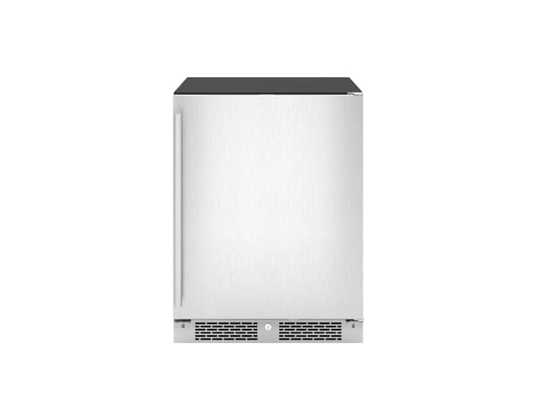 Front-facing view of the ZEPHYR ADA-compliant beverage cooler with a solid stainless door, showcasing organized beverages on full-extension wooden racks.