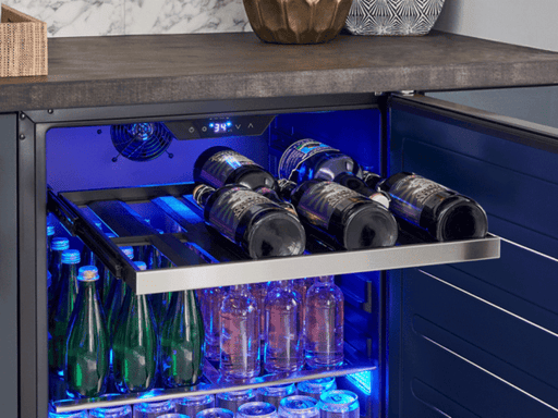 Close-up of the ZEPHYR beverage cooler's full-extension wooden rack, smoothly sliding out to provide easy access to stored beverages.