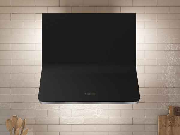 Zephyr Horizon Wall Hood Black Glass Head-On – Ambient LED Lighting, Modern Design