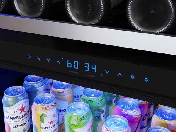 Deep Blue LED control panel of the ZEPHYR Dual Zone Wine and Beverage Cooler.