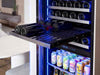 Full-extension black wood racks with stainless steel trim inside the ZEPHYR Dual Zone Wine and Beverage Cooler.