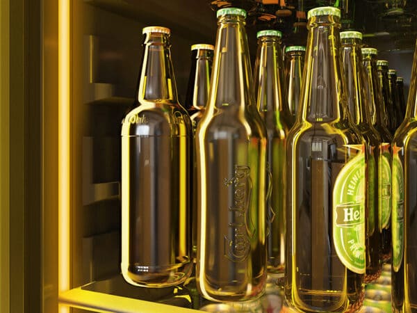 Interior of the ZEPHYR Full Size Single Zone Beverage Cooler illuminated with amber LED lighting, offering a warm and elegant beverage presentation