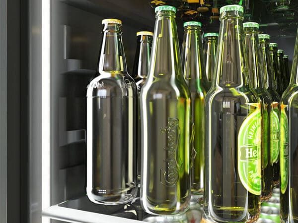 Interior of the ZEPHYR Full Size Single Zone Beverage Cooler illuminated with cloud white LED lighting, showcasing organized beverage storage