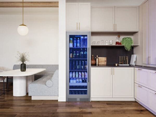 Head-on view of the ZEPHYR Full Size Single Zone Beverage Cooler installed in a contemporary kitchen setting, flush with surrounding cabinetry for a built-in look