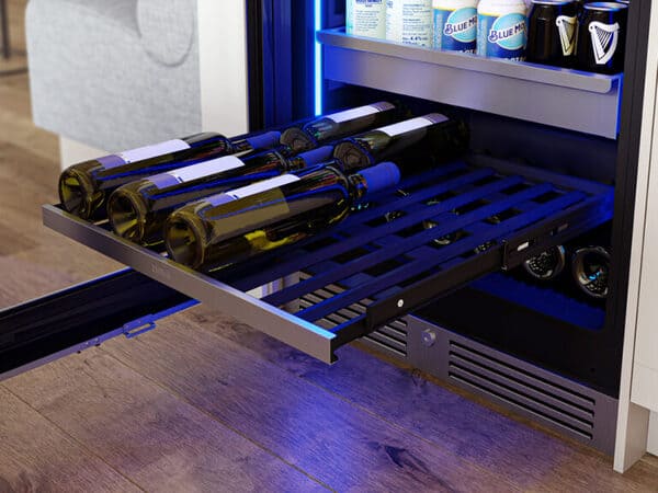 ZEPHYR Full Size Single Zone Beverage Cooler with full-extension black wood rack and stainless steel trim, ideal for storing wine and specialty drinks