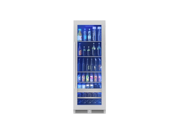 Head-on view of the ZEPHYR Full Size Single Zone Beverage Cooler featuring a stainless steel finish and clear glass door for full interior visibility