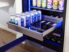 ZEPHYR Full Size Single Zone Beverage Cooler with full-extension stainless steel rollout bin pulled out, displaying easy-access beverage storage