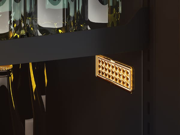 ZEPHYR Kegerator & Beverage Cooler interior illuminated with Amber LED lighting, adding a warm, inviting glow to the beverage storage space