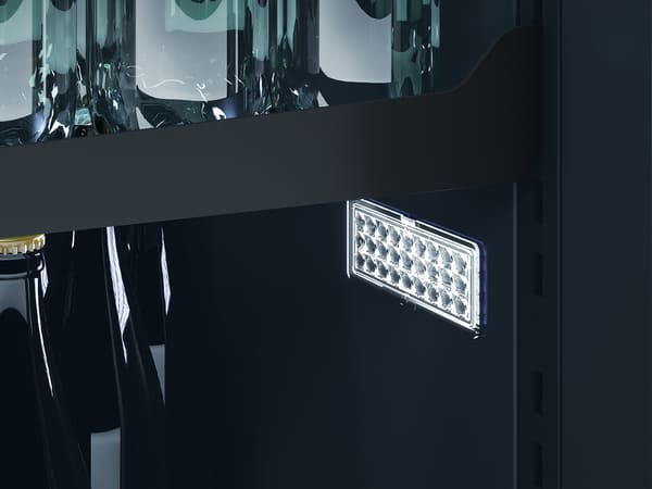 ZEPHYR Kegerator & Beverage Cooler interior illuminated with Cloud White LED lighting, highlighting beverage storage and enhancing visibility with a clean glow