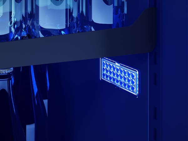 ZEPHYR Kegerator & Beverage Cooler interior illuminated with Deep Blue LED lighting, creating a bold, modern ambiance for beverage display and storage