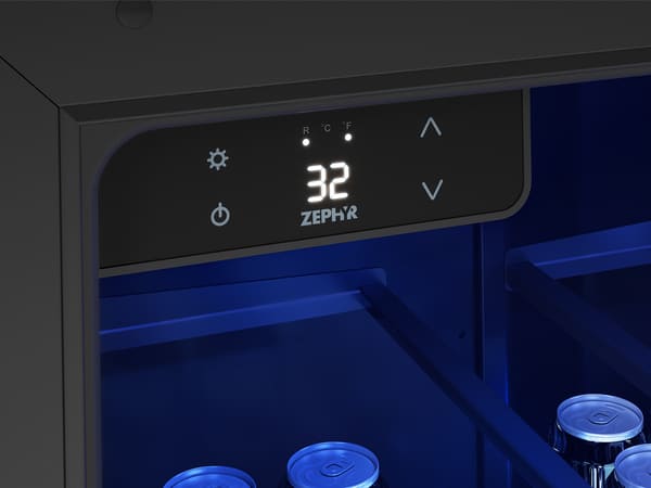 ZEPHYR Kegerator & Beverage Cooler close-up of the electronic touch display controls, showcasing precise temperature adjustment and sleek interface design