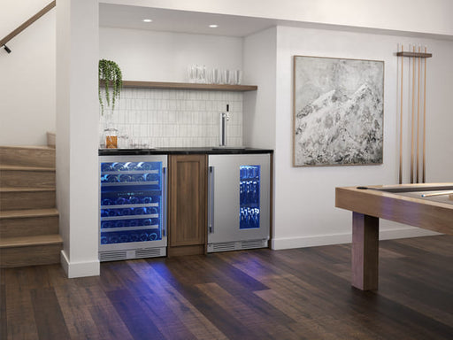 ZEPHYR Kegerator & Beverage Cooler shown in a kitchen setting with the door closed, highlighting its sleek stainless steel and glass exterior design