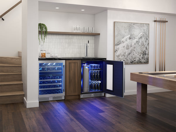 ZEPHYR Kegerator & Beverage Cooler in a kitchen setting with the door open, showcasing interior storage, keg configuration, and LED lighting details
