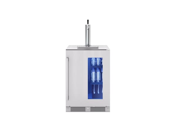 ZEPHYR Kegerator & Beverage Cooler shown head-on with a single tap installed, highlighting its sleek stainless steel design and versatile beverage dispensing setup