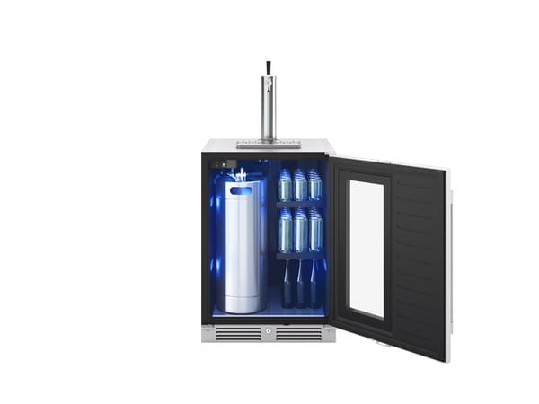 ZEPHYR Kegerator & Beverage Cooler in hybrid mode with one tap installed, combining draft beer dispensing with can storage in a sleek stainless steel unit
