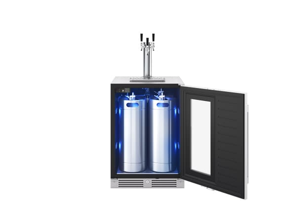 ZEPHYR Kegerator & Beverage Cooler with three taps installed, configured for triple sixth barrel kegs, showcasing maximum draft dispensing capacity in a sleek design