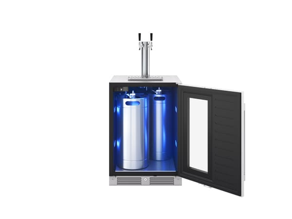 ZEPHYR Kegerator & Beverage Cooler with dual taps installed, configured for two sixth or slim quarter barrel kegs, highlighting versatile keg storage and dispensing